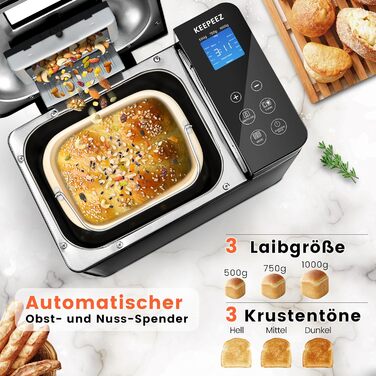 KEEPEEZ Преміум Хлібопекарня 710W з керамічною формою, 17 програм, дозатор горіхів, сенсорне скло, чорний