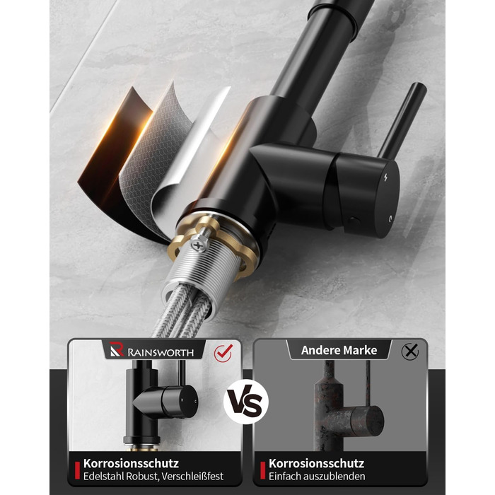 Кухонний змішувач Rainsworth з нержавіючої сталі, чорний, з висувною лійкою та двома струменями, 360° обертання, 45 см