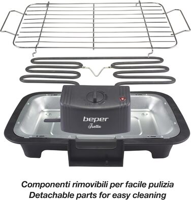 BEPER Electric Grill with Glass Lid - Coated Grill Plate, Stainless Steel, Black (2000W)