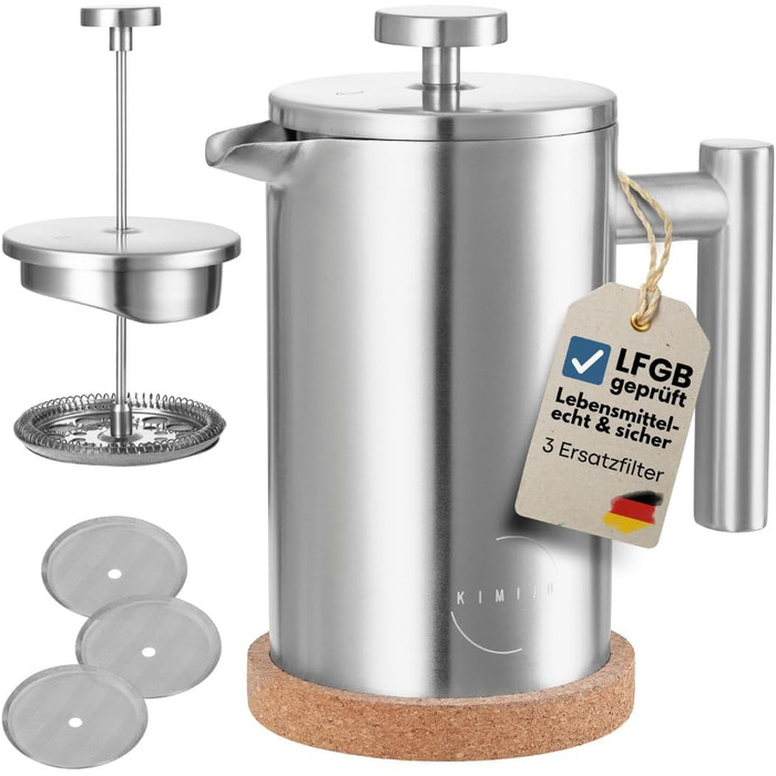 Френч-прес 600 мл з нержавіючої сталі, з підігрівом, 3 фільтри, пробка-підставка, для миття в посудомийній машині, преміум-якість, двостінний, срібний