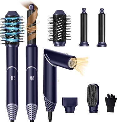 Airstyler 5 в 1: Набір для укладки волосся (фен, круглі щітки, локони, випрямляч), 60 000 обертів, чорний/блакитний