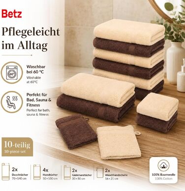 Набір махрових рушників Betz Premium 10 предметів, 100% бавовна, 470 г/м², Oeko-TEX, Колір: горіховий коричневий та бежевий (2 банні, 4 середні, 2 гостьові рушники, 2 рукавички)