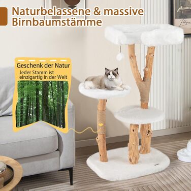 Дерев'яний кігтеточка для котів SOARS з 3-ма природними стовбурами, ліжко для котів та плюшеві поверхні, кігтеточка з іграшковим м'ячиком та джутовим мотузком, багатоповерхова, 59 x 49 x 110 см, білий колір