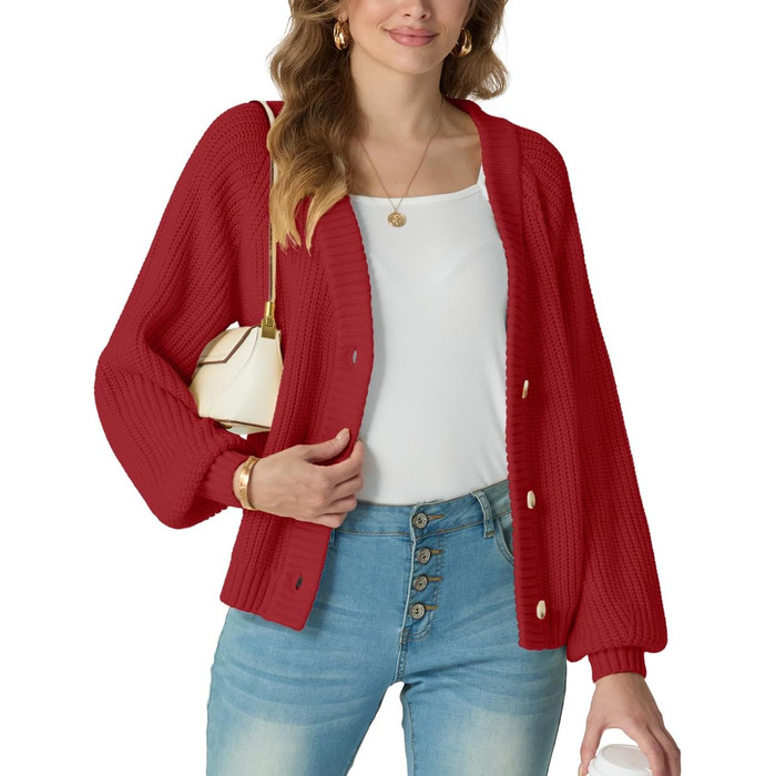 Жіночий в'язаний кардиган GRECEREE з V-подібним вирізом та ґудзиками, з кишенями (червоний, M)