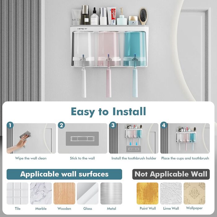 NPET Toothbrush Holder for Bathroom, 3 Cups, Toothbrush Holder Set, Wall Mount, Ideal Bathroom Accessory Organization