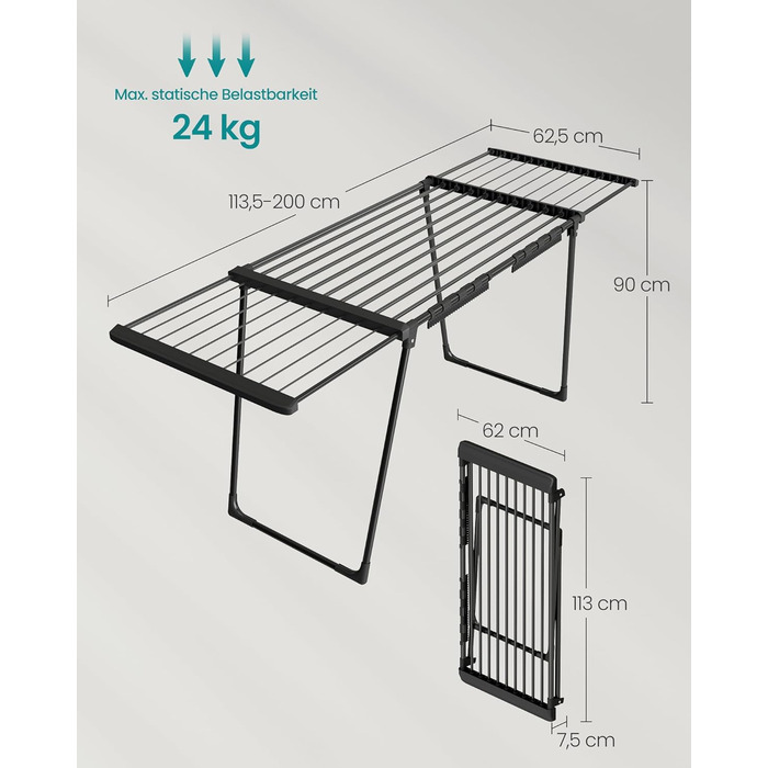 SONGMICS Сушарка для білизни, металева, 52.5 x 173 x 96.5 см, з крилами, для одягу, рушників, шкарпеток, чорна (LLR518G01)