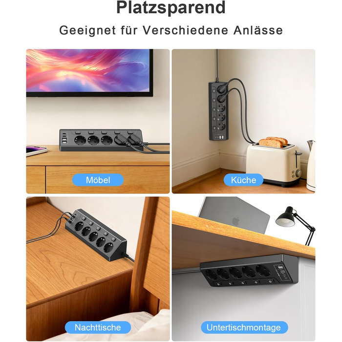 Розподільник розеток з незалежним вимикачем, мережевий фільтр з 4 USB (2 USB-C) + 5 розеток з дитячим захистом, 3680W, 2м подовжувач для кухні, офісу, дому (чорний) 5 розеток Чорний - Розподільник розеток