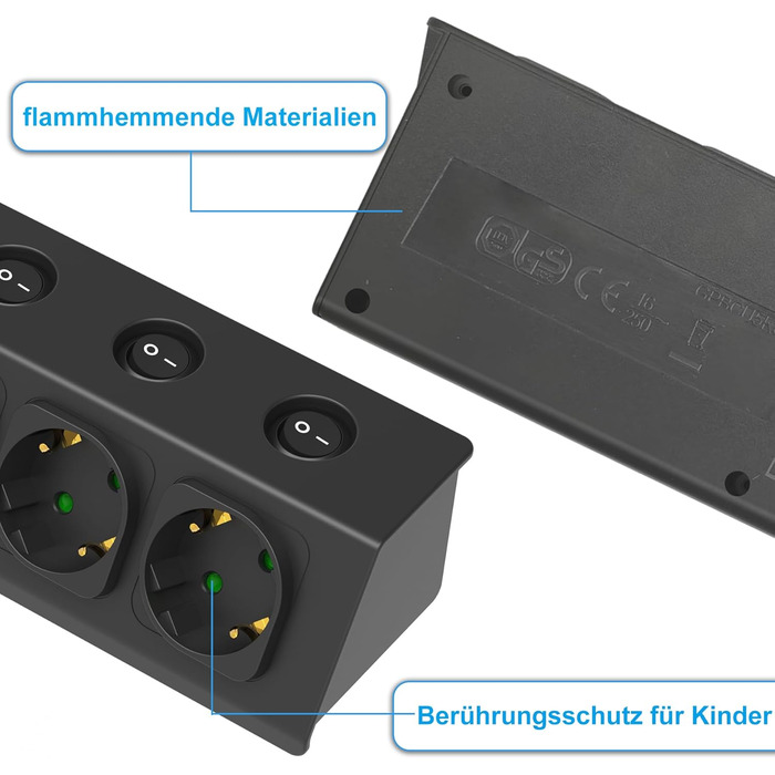 Багаторозкладна мережева розетка з USB, 5-портова, з індивідуальними вимикачами, для кухні, зі сталевою передньою панеллю, кабель 2м