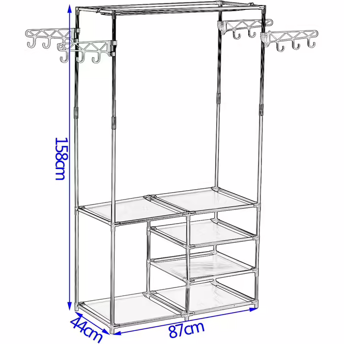 Wardrobe open, coat rack with clothes rail and 12 hooks, freestanding wardrobe with shelf, for dressing room, bedroom, 44 x 87 x 158 cm, Black