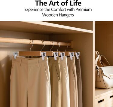 10 дерев'яних вішалок для одягу 35 см, міцні вішалки для штанів, з поворотним гачком 360°, металеві вішалки для одягу, економія місця, з антиковзними кліпсами для штанів, шкарпеток, спідниць (колір дерева)