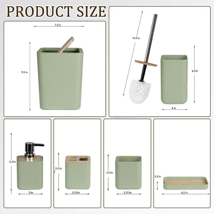 CERBIOR Набір аксесуарів для ванної кімнати, 6 шт., бамбуковий набір для ванної, з дозатором для мила, тримачем для зубних щіток, стаканчиком для зубних щіток, мильничкою для декоративного столу та подарунком для дому (зелений)