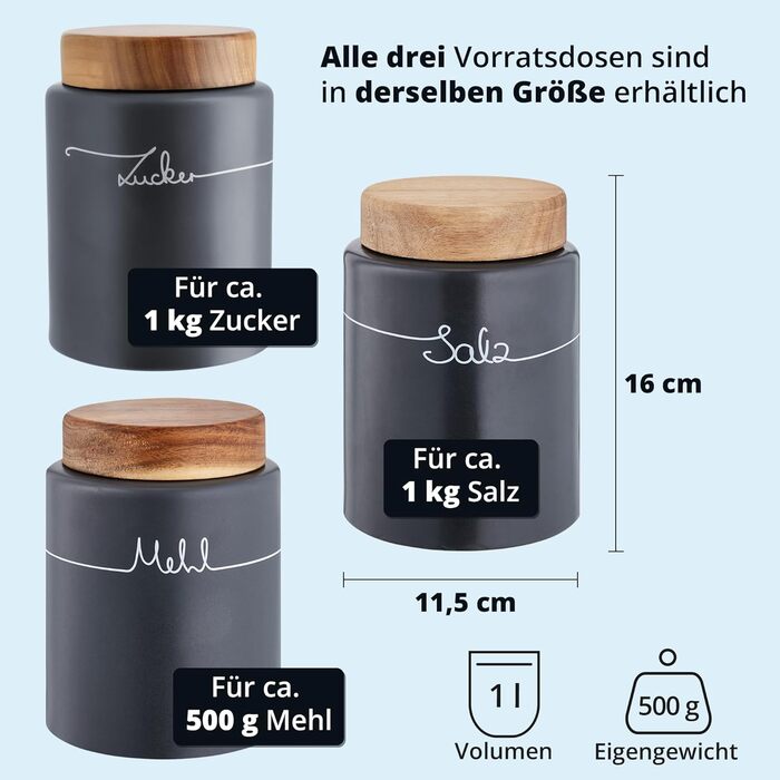 Набір контейнерів для зберігання KHG для кухні антрацитово-сірого кольору з дерев'яними кришками, контейнери для продуктів з кераміки, з маркуванням, набір органайзерів для кухні, без пластику та світлонепроникні (набір для борошна, солі, цукру)