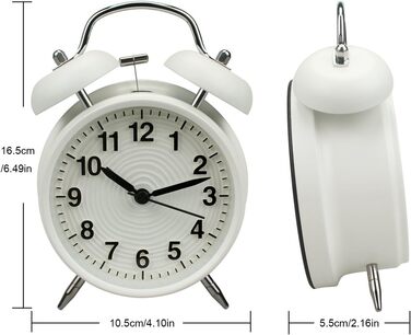Homchen 10.2 cm Double Bell Alarm Clock, No Ticking, Battery-Powered, Loud Vintage-Style Alarm Clock with Night Light for Bedroom, White