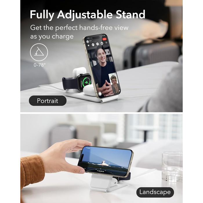 Зарядний станція ESR 3-в-1 для Apple Watch та iPhone з MagSafe, складана, сумісна з iPhone 17/16/15/14/13/12, Apple Watch 9/8/7/SE, AirPods Pro/3/2