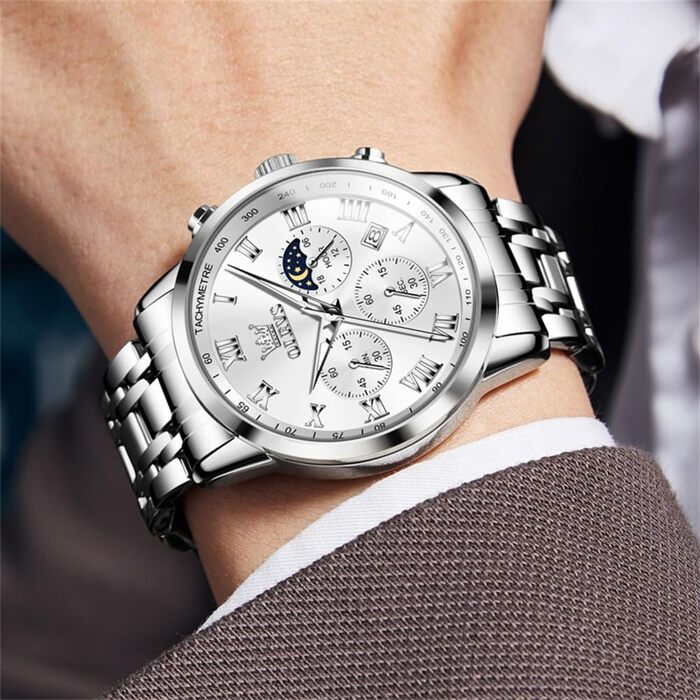 Чоловічий годинник на кварцовому механізмі з хронографом та фазами місяця. Стильний класичний годинник з нержавіючої сталі. Водостійкий годинник для чоловіків. Колір: сріблястий, чорний, золотий, блакитний. Модель: R5529g-g-b