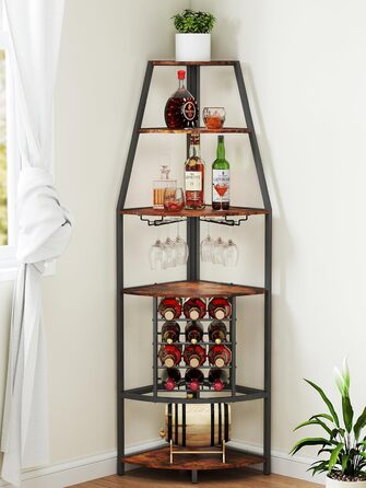 Стеллаж для вина Nisorpa на 12 пляшок, 5-ярусний кутовий, з тримачем для келихів, вінтажний коричнево-чорний