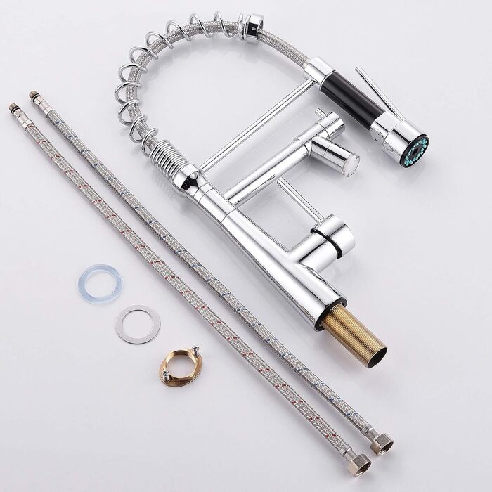 Змішувач кухонний LED Chrome з висувною лійкою, 360° обертання, 2 виходи, високий тиск