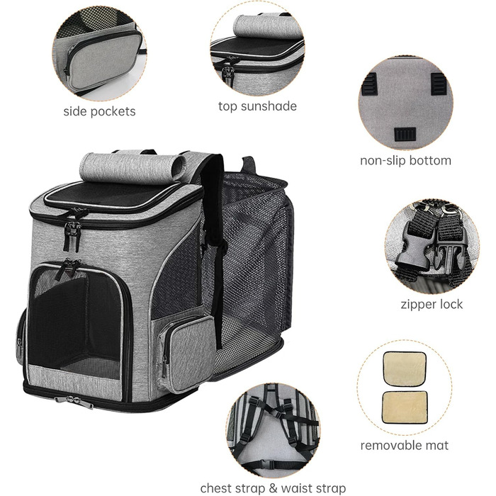 Рюкзак для тварин: переноска для собак та котів до 10 кг, сірий. Зручна, розширювана, з 2 матами.