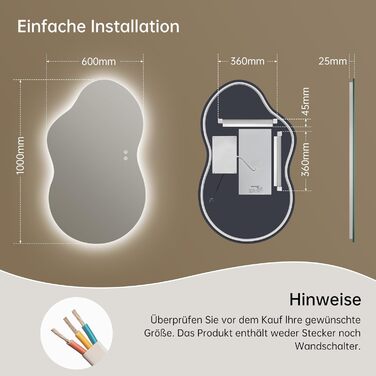 Дзеркало для ванної кімнати з підсвічуванням, без рами, 50x75 см, арочне, антизапар, сенсорний вимикач, регульована яскравість, 3 кольори світла