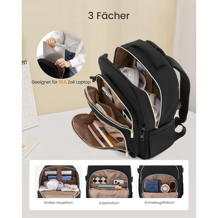 LOVEVOOK Рюкзак для жінок, 15.6 дюймів, водонепроникний, для школи, підлітка, елегантний, для роботи, навчання, подорожей, універсальний, чорно-бежево-коричневий