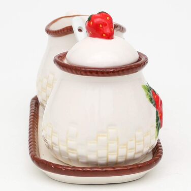 Dolomite sugar bowl with spoon, milk jug, and plate as a 3-piece set, with strawberry relief, size approx. 19 x 10.5 cm, 12