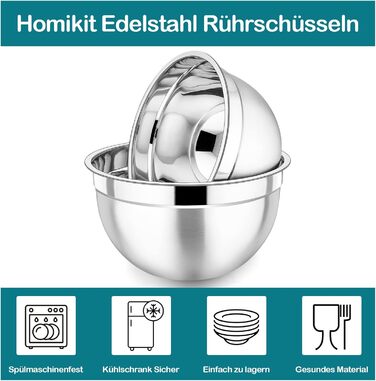 Homikit Mixing Bowls, 7-Piece Stainless Steel Bowl Salad Bowl Set with Airtight Lid for Cooking/Baking/Serving, Nesting, Dishwasher Safe, 6.5/4.5/2.7/2.5/1.5/1.2/0.7L, Blue