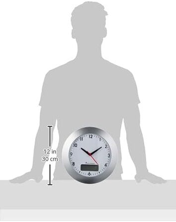 TFA Dostmann Analog Radio Wall Clock, 98.1092, Digital Date and Day of the Week Display, Easy to Read, with Second Hand, Silver