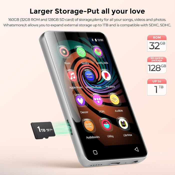 MP3 плеєр з Bluetooth та WiFi Inioasis для дітей: Android MP4 плеєр з підтримкою Spotify, Amazon Music, Audible, 4