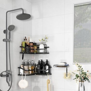 Набір кутових поличок для душу без свердління, 3 шт. з мильничкою, чорного кольору. Організатор для ванної кімнати з 12 гачками. Підходить для ванної та кухні.