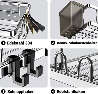 FINIBO Shower Shelf No Drilling, 2 Pack Self-Adhesive Corner Shelf Bathroom Organizer, Shower Shelf Stainless Steel with 4 Hooks and 2 Toothpaste Holders, Black Shower Shelf Shower Basket for Bathroom Kitchen