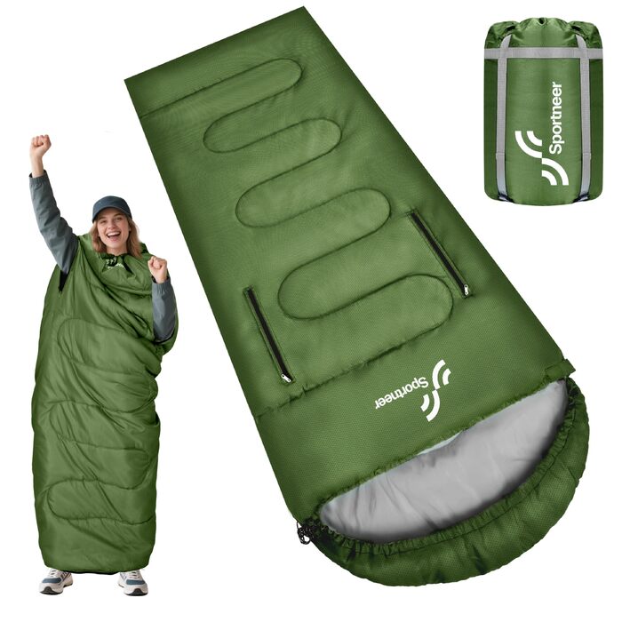 Спальний мішок Sportneer Outdoor для дорослих, теплий багатосезонний (3-4 сезони) для кемпінгу та подорожей, 220x85 см, зелений (температурний режим 10-26 °C)