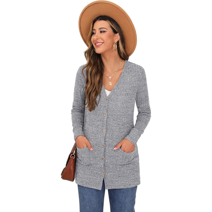 Жіночий в'язаний кардиган Grecerelle з довгими рукавами, сірий, з кишенями та V-подібним вирізом, XL