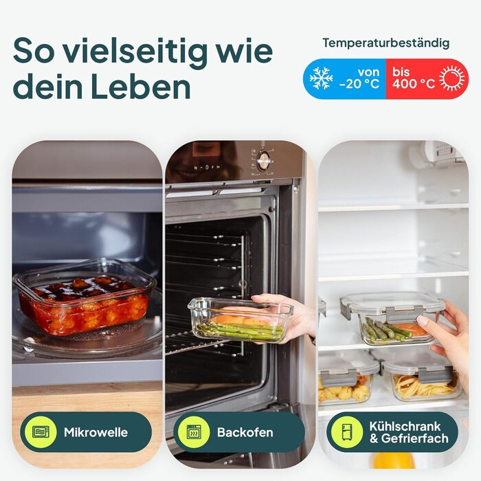 Набір контейнерів для їжі Uandu з кришкою (10 шт.) – контейнери для зберігання їжі з скла, BPA-free, придатні для миття в посудомийній машині, мікрохвильовій печі та морозильній камері, антрацит