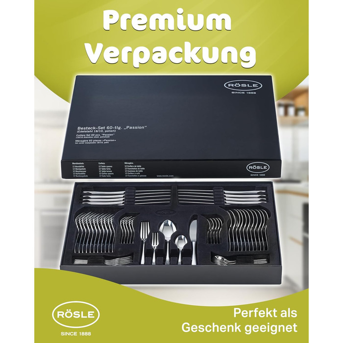 RÖSLE PASSION Cutlery Set for 12 People – 60-Piece Highly Polished Stainless Steel 18/10 Cutlery Set – Premium Dinnerware Set, Dishwasher Safe, in Elegant Gift Box 60-Piece Dinnerware Set