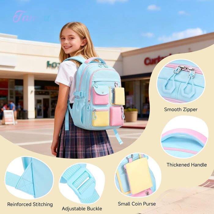 Рюкзак для дівчинки Tanou: великий шкільний рюкзак для підлітків з тканини Oxford, з багатьма відділеннями (блакитний, рожевий)