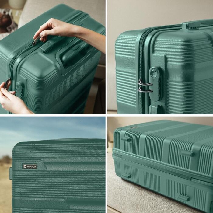 Набір валіз NUMADA Upfly T10 (3 шт.) з ABS: ручна валіза 55x40x20, середня валіза 66x44x26, косметичка. Зелений колір. Безпечний та міцний.