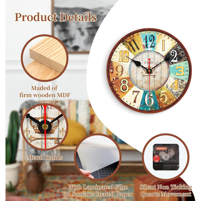 VIKMARI Quartz Wall Clock Wood Silent Hanging Clock, Battery-Powered Round Rustic Clock, Easy to Read Vintage Interior Wall Clock || 14' (France Parisian Style, 20 cm)