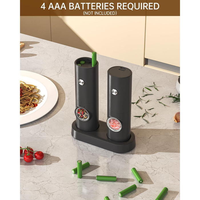 CIRCLE JOY Мельниці для солі та перцю електричні, набір 2 шт., чорні, з підставкою, світлодіодне підсвічування, регулювання помелу, об'єм 70 мл