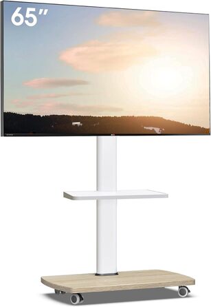 AOKCOS Rolling TV Stand with Wood Shelf - Adjustable Height & Swivel - Fits 32-65 Inch TVs - Up to 40kg, VESA 400x400mm