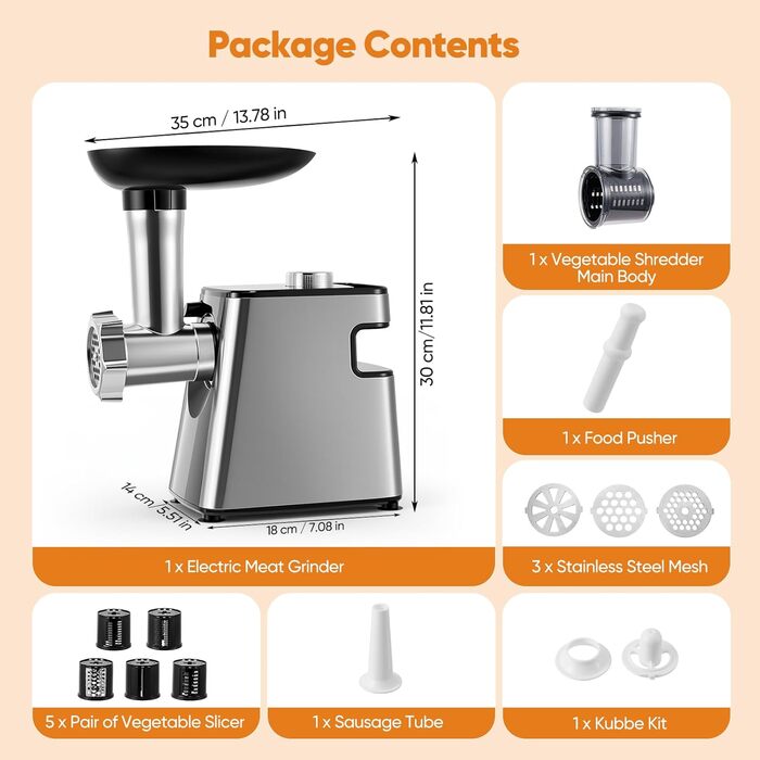 Електричний м'ясоруб 2800 Вт з насадками для овочів та сиру, кухонний комбайн 5-в-1 для м'яса, овочів, сиру та приготування ковбас