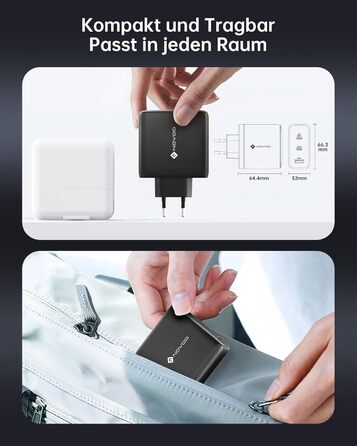 Зарядний пристрій USB-C 67W NOVOO GaN III 3-порти, швидка зарядка для MacBook, iPad, Pixel, Samsung, iPhone, Steam Deck (Чорний)