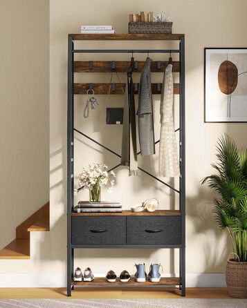 YITAHOME Entryway Storage Bench with Shoe Cabinet, Freestanding Mudroom Bench with Bank and 2 Folding Drawers, Industrial Coat Rack with 8 Hooks for Entryway Living Room Bedroom, Metal Frame, Rustic Brown