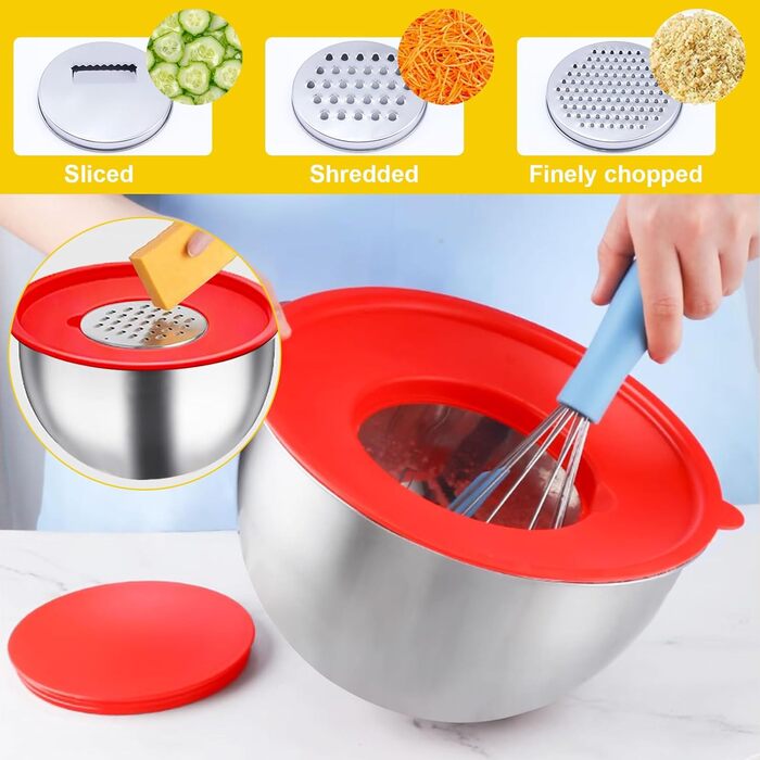 Набір місок з нержавіючої сталі 5 шт. з кришками – 4.5L/2.7L/1.6L/1.1L/0.7L – з 3 тертками, неслизькі та стіклі, придатні для миття в посудомийній машині для кухні та випічки