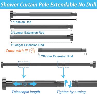 Держак для душової завіси, телескопічна штанга з нержавіючої сталі, 73-175 см, без свердління, сріблястий
