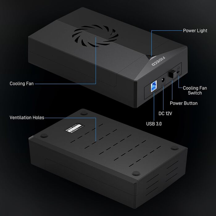 Док-станція FIDECO для HDD/SSD 2.5'' та 3.5'' SATA, USB 3.0 5Gbps, зовнішній корпус для жорстких дисків з вентилятором та підтримкою UASP