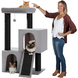 PETEPELA Scratch Tree with Dual Condos for Apartment Cats, All-in-One Cat House with Padded Perch, Scratch Ramp and Posts, and Replaceable Balls (Gray, L 113cm)
