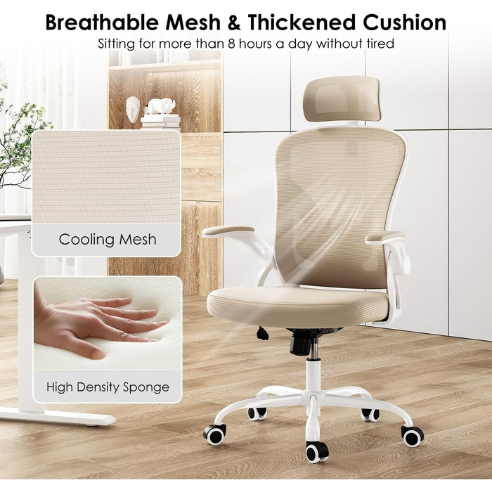 Ергономічне крісло Farini з підлокітниками для офісу та дому, з роликами та підголівником, кольору хакі