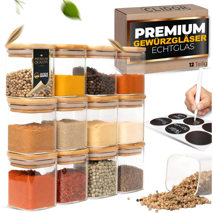 Spice Jars Square I 12 x 160 ml Set I Increased Glass Thickness I Stackable Spice Containers with Bamboo Lids I Airtight Spice Storage for the Kitchen I Suitable for Spice Storage