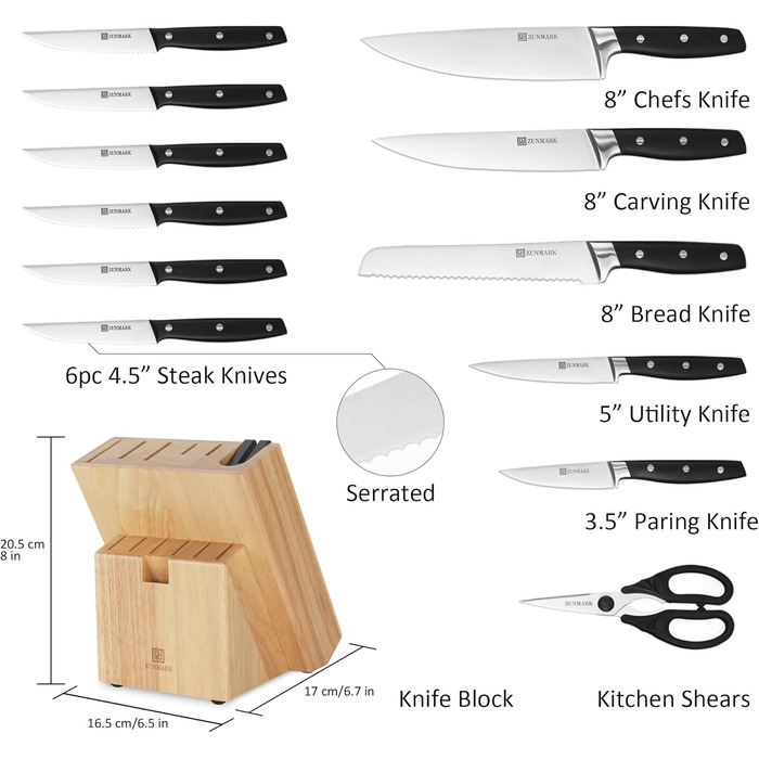 Набір ножів у блоці 13 предметів з нержавіючої сталі з ергономічними ручками, кухонний набір ножів, дерев'яний блок з шкіряним ремінцем