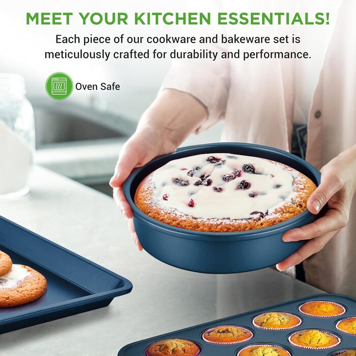 NutriChef 20-Piece Non-Stick Cookware Set, Pots & Pans Set & Baking Pans | PFOA/PFOS-Free | Cookware Set - Induction Pots & Pans, Round Cake Pan, Loaf Pan, Roasting Pan, Muffin Tin, Baking Sheet Marine Blue